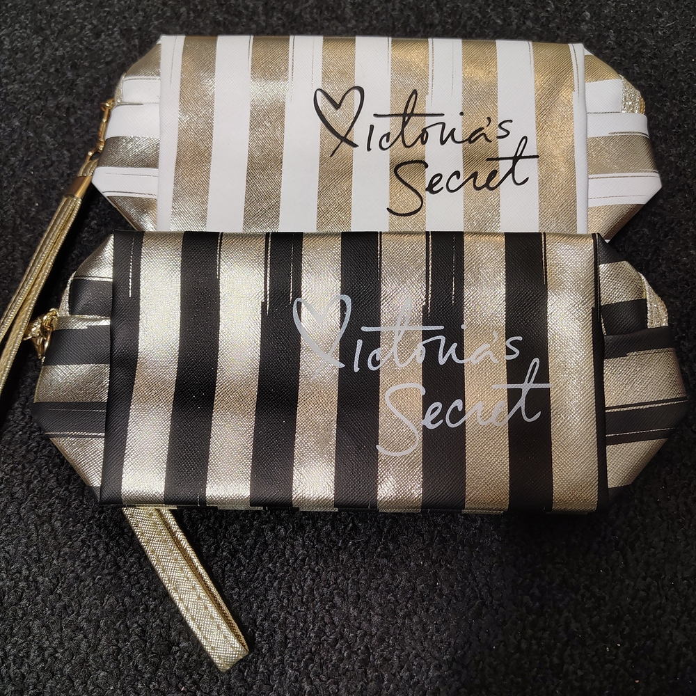 Victorias Secret Gold Stripe Wristlet Makeup Cosmetic Bag Bundle Of 2 New